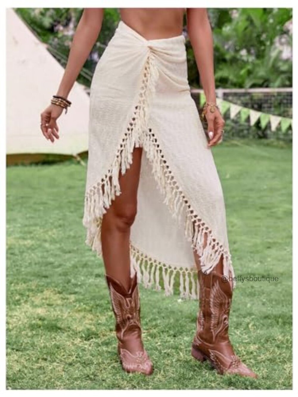 Women's Twist Front High Slit Fringe Skirt Asymmetrical Tassel Midi - Picture 5 of 6